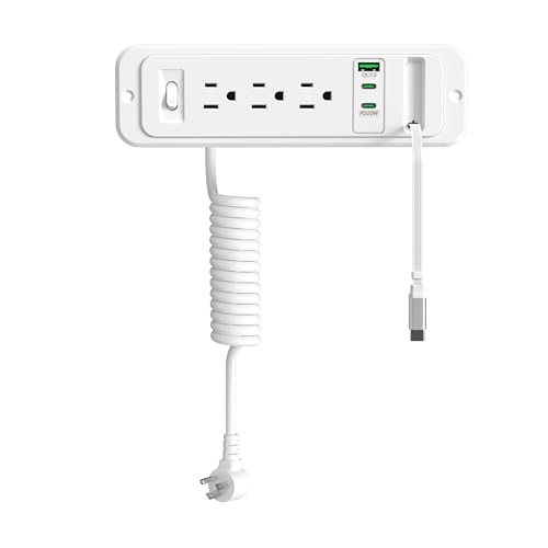 Recessed Power Strip with 60cm Retractable USB C Cable, Flush Mount | Furniture Drawer Outlet kit insert in (4) 20W USB & (3) 15 Amp AC Outlets, Hidden Charging Station for Desktop - color: White