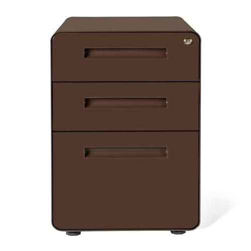 Laura Davidson Furniture Stockpile 3 Drawer File Cabinet with Lock - Under Office Desk Metal Filing Cabinet, Legal/Letter File Folders, Wheels and Stationary Feet, Pre-Assembled, Dark Brown - color: Dark Brown