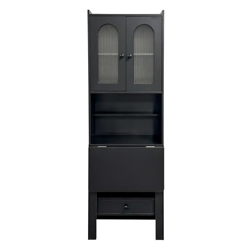 roomfitters Fold-Out Writing Table Secretary Desk with Fluted Glass Door Hutch Storage Cabinet Home Office, Black