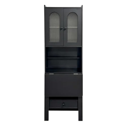 roomfitters Fold-Out Writing Table Secretary Desk with Fluted Glass Door Hutch Storage Cabinet Home Office, Black