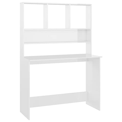 Desk with Shelves, High Gloss White, 43.3 x 17.7 x 61.8 Inches, Engineered Wood, Vertical Design for Small Spaces, Organize Folders, Documents, and PC Equipment - color: High Gloss White