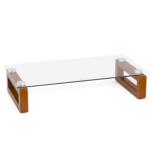 YEOUX Multi-Purpose Desktop Stand - 17.0" x 9.0" x 3.5" (Clear & Walnut) | Clear Floating Glass Top with Natural Wood Base, Desk Organization, for Computer, Printer, Laptop, Audio Device, Flat Screen - color: Walnut&Clear