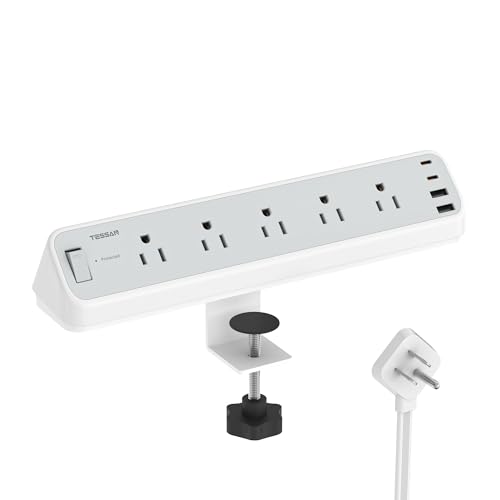 TESSAN Desk Clamp Power Strip 10 Ft with 2100J Surge Protector, Gray | 5 Outlets and 4 USB (2 USB C) Desk Charging Station, Flat Plug Extension Cord with Multiple Outlets for Home Office Dorm Room - color: Grey, size: 10 FT