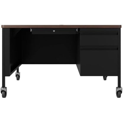 Hirsh 30x48 Mobile Right Hand Single Pedestal Metal Desk T-Mold Top Black/Walnut