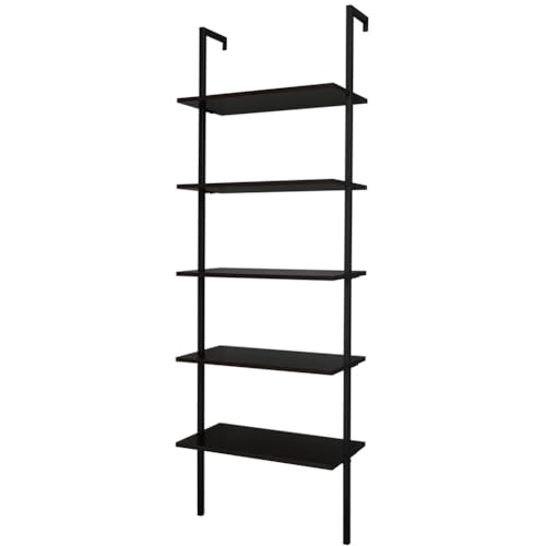 Ladder Shelf Bookshelf, 5-Tier Industrial Bookshelf with Metal Frame and Wood Board, Wall Mounted Bookcase Open Shelf Organizer for Living Room,Home Office, Bedroom,Walnut&Black - color: Walnut & Black