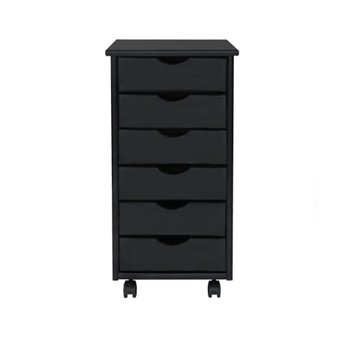Jela-USA Solid Pine Wood 6 Drawer Rolling Cart, Black - color: Black, style: 6 Drawer