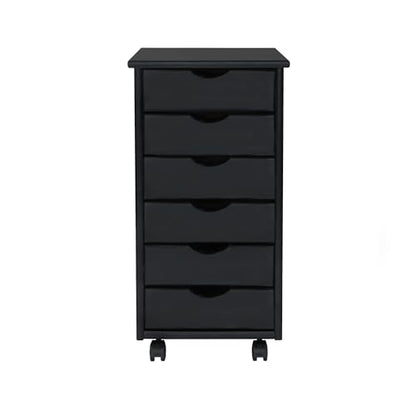 Jela-USA Solid Pine Wood 6 Drawer Rolling Cart, Black - color: Black, style: 6 Drawer