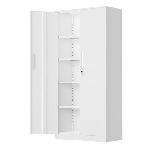 SUNCROWN Metal Storage Cabinets with Lock, Tool Cabinet, 72" Locking Steel Storage, Tall Locker Organizer Garage Cabinets with 2 Doors and 4 Shelves for Home,Office,Warehouse,School, Garage, White - color: White, size: 72"H x 32"W x 16"D