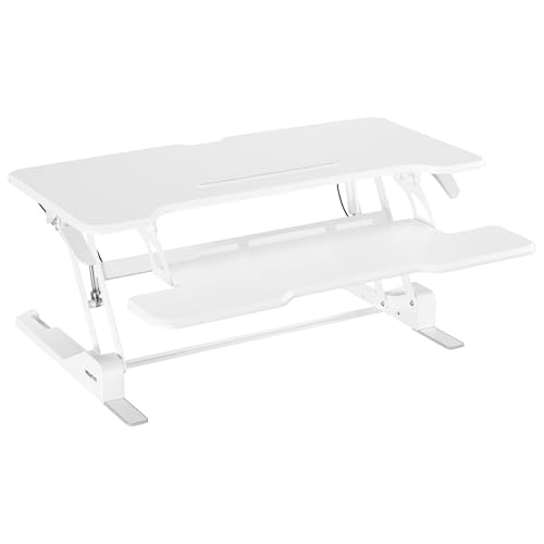 Mount-It! Standing Desk Converter White 38” Wide Height Adjustable Stand Up Desk Riser, Desk Topper with Gas Spring, Desktop Standing Desk with Keyboard Tray Fits Two Monitors - color: White, size: 38 Inches