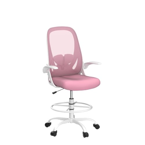 Primy Drafting Chair Tall Office Chair with Flip-up Armrests Executive Ergonomic Computer Standing Desk Chair with Lumbar Support and Adjustable Footrest Ring (Pink) - color: Pink, size: 934-Z