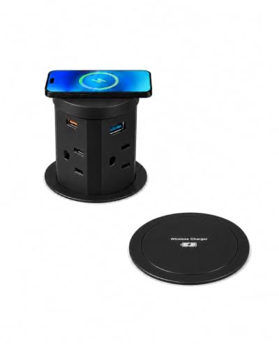 2.4" Pop Up Countertop Outlet, 30W USB-C & Wireless Charger | Fits 2.4 in (60mm) grommet holes, 4 AC outlets, 2 USB-C 30W, 2 USB-A 18W, 15W wireless charging and 1.5m cord, Black - color: Black
