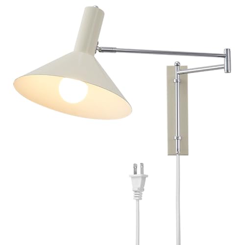 Swing Arm Wall Sconce Plug in Cord Reading Light Wall Mounted Mid Century Modern Lighting Fixture White Chrome Long Adjustable Arm Wall Lamp for Bedroom Bedside Headboard Living Room - color: With Plug in Cord