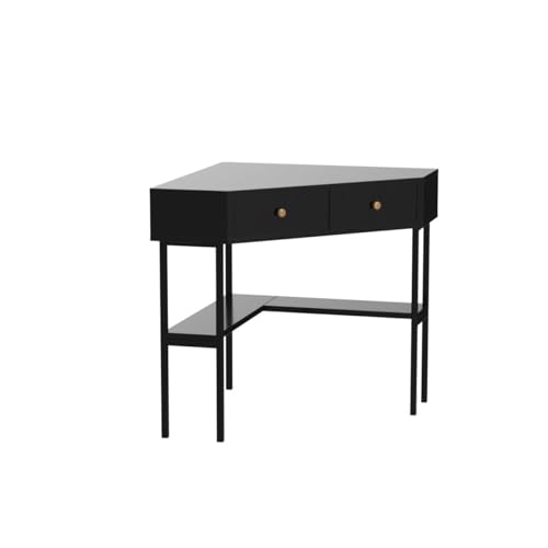 Tangkula Corner Desk with 2 Drawers & Built-in Charging Station, 90 Degrees Triangle Computer Desk for Small Space, Bedroom Makeup Vanity Desk with Storage Shelves, Corner Writing Desk