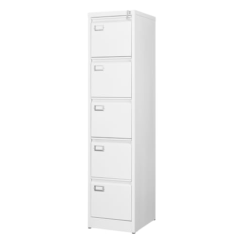 BYNSOE 5 Drawer File Cabinet with Lock Metal Vertical File Cabinet Office Home Vertical File Cabinet for A4 Legal/Letter Size Narrow File Cabinet Locked,Assembly Required - color: White, size: 64.3"H x 17.71"D x 15"W