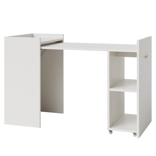 GAOMON Folding Computer Desk with Storage Shelves, Extension Computer Table, Space Saving Table ith Extendable Drop-Leaf for Small Spaces, Home Office, Gaming, Bedroom, White