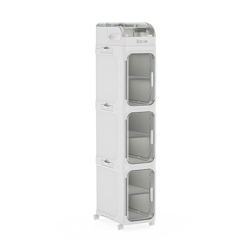 BINSIO 4-Tiers Toilet Paper Storage, Slim Bathroom Organizers and Storage, Bathroom Counter Organizer, Bathroom Organizer Storage Cabinet, Portable Laundry Room Organization, Plastic White Clear Doors - size: 4 Tiers