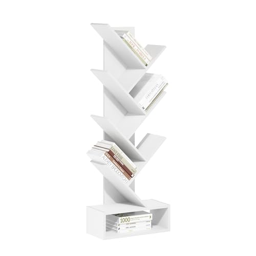 Furinno Tree Book Shelf, 7-Tier Bookshelf, Tree Bookcase with Bottom Shelf, 8.4 x 16.9 x 46.2, for Living Room, Bedroom, Home Office, White - color: White, size: 7-Tier Tree with Bottom Shelf