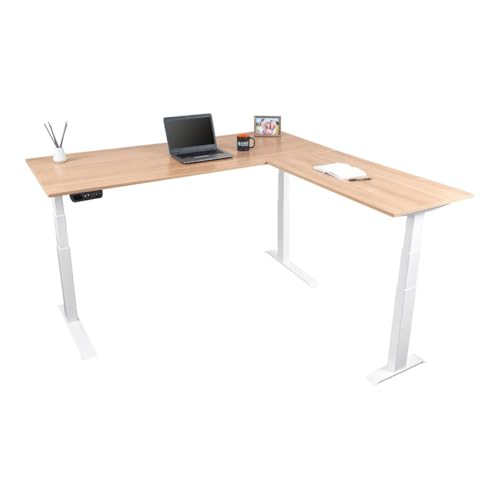 Stand Up Desk Store Triple Motor Electric L-Shaped Corner Standing Desk with EZ Assemble Frame (White Frame/Natural Walnut Top, 71" W x 71" D) - color: White Frame/Natural Walnut Top