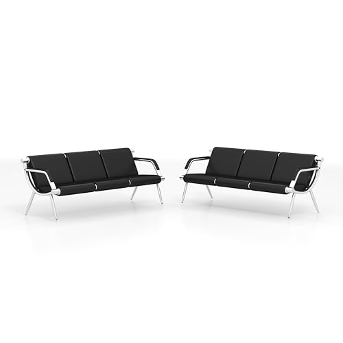 Kinsuite 2pcs 3-Seat Office Reception Waiting Room Chairs - Guest & Reception Chairs for Salon Barber Bench Airport Bank Hall Visitor Guest Black PU Leather Office Sofa, Black - size: 3-seat*2