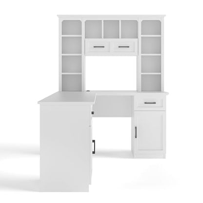 RuiSiSi L Shaped Offic Desk with Hutch and Drawers, Farmhouse Home Desk with Cabinets and Open Shelves, Wood Executive Desk for Study, Living Room, White - color: White, size: 65"L x 52"W x66.1"H