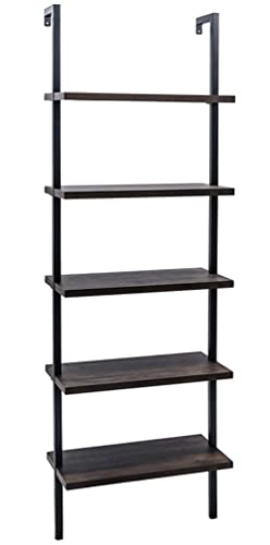 5-Shelf Modern Ladder Shelf Bookcase, Open Wall Mount Ladder Bookshelf with Metal Frame,Industrial Bookshelf and Bookcase,Wall Mounted Bookcase Wood Storage Shelf Organizer for Home Office,Dark Walnut - color: Dark Walnut&black
