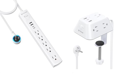 Desk Clamp Power Strip, Surge Protector with 5 AC Outlets and 3 USB Ports, Desk Mount Charging Station, Surge Protector Power Strip with 360° Rotating Flat Plug, 5 Widely Spaced Outlets with 2 USB C