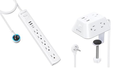 Desk Clamp Power Strip, Surge Protector with 5 AC Outlets and 3 USB Ports, Desk Mount Charging Station, Surge Protector Power Strip with 360° Rotating Flat Plug, 5 Widely Spaced Outlets with 2 USB C