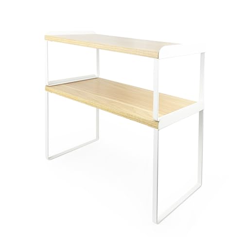 Mitus Stacking Wood Shelf Organizer, Counter Cabinet Storage Rack, Set of 2 - color: White + Natural, size: Set of 2 (16" + 16" Large)