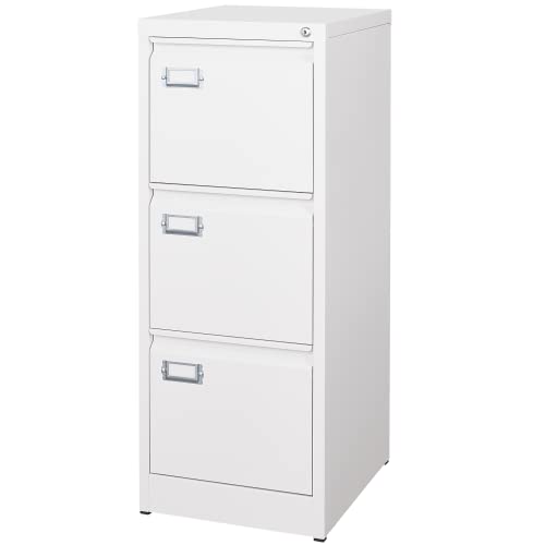 BYNSOE 3 Drawer File Cabinet with Lock Metal Vertical File Storage Cabinet Office Home Steel Vertical File Cabinet for A4 Legal/Letter Size Narrow File Cabinet Locked,Assembly Required - color: White, size: 38.62"H x 17.71"D x 15"W