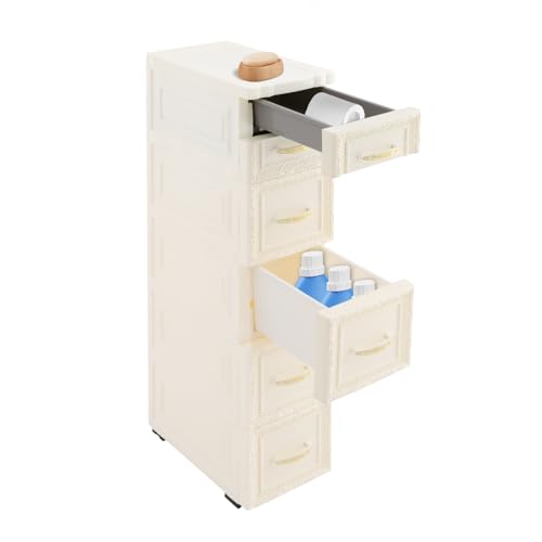 Slim Rolling Storage Cabinet, White 6-Drawer PP Organizer with Wheels, Vertical Space Saver, Impact-Resistant, Embossed, Stackable Drawer Unit for Bathroom Kitchen Office (White) - color: White