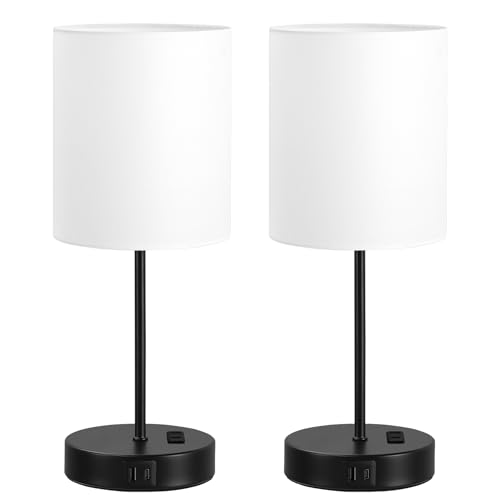 White Black Touch Lamps for Bedroom Set of 2, Dimmable, USB C+A, AC Outlet | Large 17.6" Tall Lamp, 3-Way Dimming, 5000K Daylight Bulbs, White Lampshade Black Base, for Living Room, Boys, Men, Girls - color: White - Black