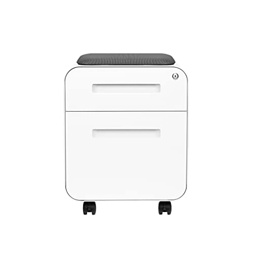 Laura Davidson Furniture STOCKPILE Mini Seated 2 Drawer Mobile File Cabinet with Removable Magnetic Cushion Seat - Short Version, Metal Filing Cabinet, Pre-Assembled, White with Grey Cushion - color: White