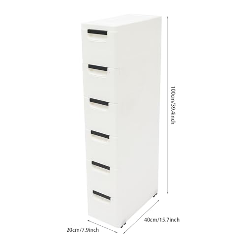 Plastic Storage Cabinet, 6 Drawers Rolling Organizer Cart with Wheels, Multifunctional Floor Cabinet, Narrow Mobile Slim Utility Cart for Living Room, Bedroom, Study, Office, Studio (White)