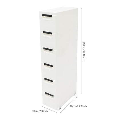 Plastic Storage Cabinet, 6 Drawers Rolling Organizer Cart with Wheels, Multifunctional Floor Cabinet, Narrow Mobile Slim Utility Cart for Living Room, Bedroom, Study, Office, Studio (White)