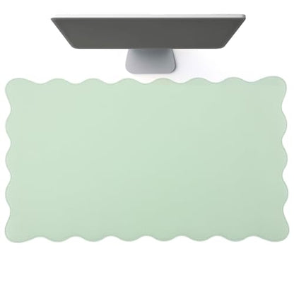 Tellegloww Scalloped Desk Mat Leather Desk Pad Protector Non-Slip PU Leather Table Protector Waterproof Mouse Pad Keyboard Mat Curly Mousepad PC Accessories Gift for Office Home (Sage Green)