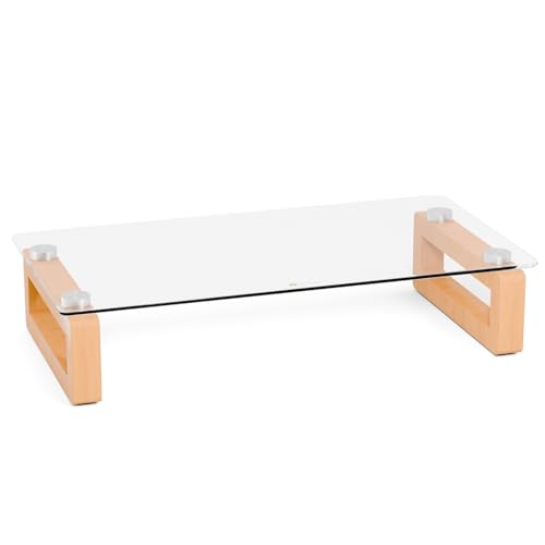 YEOUX Multi-Purpose Desktop Stand - 17.0" x 9.0" x 3.5" (Clear & Beech) | Clear Floating Glass Top with Natural Wood Base, Desk Organization, for Computer, Printer, Laptop, Audio Device, Flat Screen - color: Beech&Clear
