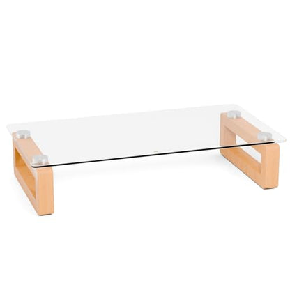 YEOUX Multi-Purpose Desktop Stand - 17.0" x 9.0" x 3.5" (Clear & Beech) | Clear Floating Glass Top with Natural Wood Base, Desk Organization, for Computer, Printer, Laptop, Audio Device, Flat Screen - color: Beech&Clear