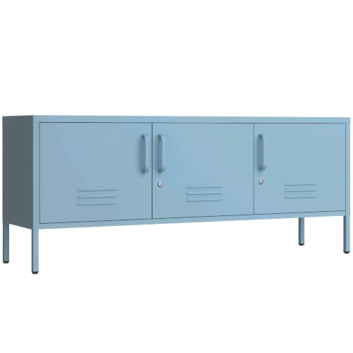 Metal Storage Cabinet-22"Tall Steel TV Stand Cabinet Adjustable Shelves storage locker Lockable Blue Metal Cabinet for Home Office Bedroom Living Room Balcony Entryway Size：22" H X 47.3" W X 13.8" D - color: Blue, style: 22"H-TV stand-TM