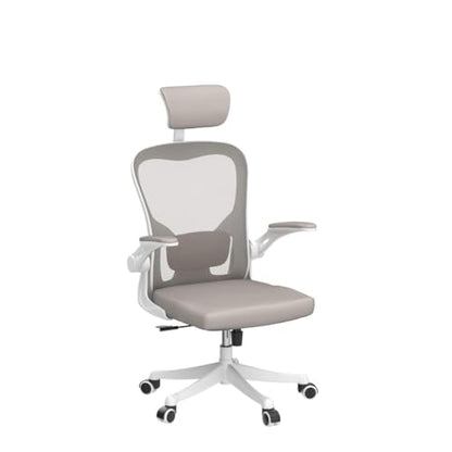Monhey Office Chair Ergonomic Desk Chair with Lumbar Support&Headrest&Flip-up Arms Height Adjustable Rocking Swivel Computer Chair Multi-Angle from 90° to 125° with 350LBS Capacity (02White+Khaki) - color: 02white+khaki