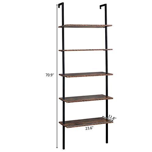 5-Shelf Modern Bookcase, Open Wall Mount Ladder Bookshelf with Industrial Metal Frame for Living Room Bedroom Home Office (Brown5) - color: Brown5