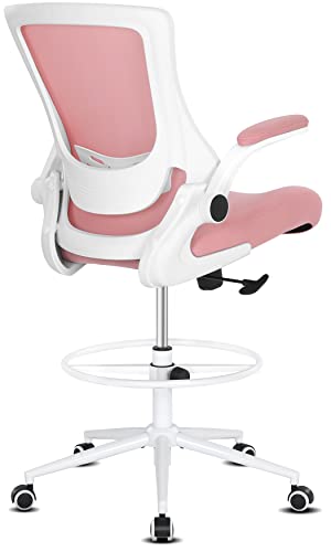 Misolant Tall Office Chair, Drafting Chair for Standing Desk, High Office Chair with Adjustable Lumbar Support, Flip-up Arm and Footrest Ring, Tall Drafting Chair for Bar Height Desk - color: Pink