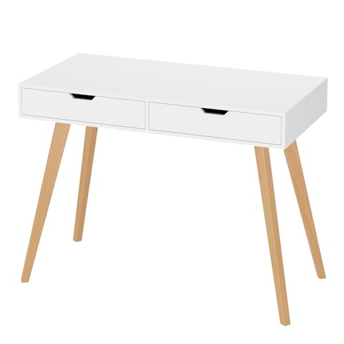 FOTOSOK White Writing Desk with 2 Drawers, Small Desk Makeup Vanity Table | Wood Computer Desk with 4 Solid Oak Legs, Home Office Desk & Study Table, Mid Century Desk for Bedroom Small Spaces, White - color: White and Oak