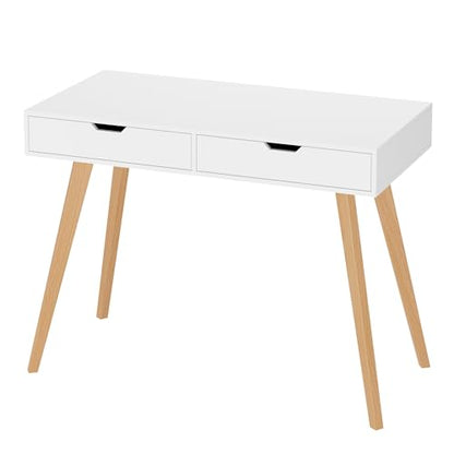 FOTOSOK White Writing Desk with 2 Drawers, Small Desk Makeup Vanity Table | Wood Computer Desk with 4 Solid Oak Legs, Home Office Desk & Study Table, Mid Century Desk for Bedroom Small Spaces, White - color: White and Oak