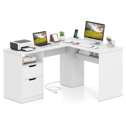 Tangkula 59” L-Shaped Executive Desk w/Power Outlets, Home Office Desk - color: White