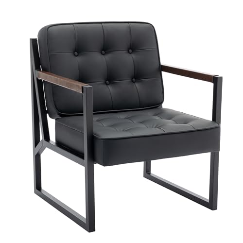 COLAMY Mid Century Modern Accent Chair Set of 2, Comfy Living Room Chair, Black Leather Accent Chair, Faux Leather Reception Armchair with Metal Legs for Living Room Bedroom Reception Office, Black - color: Black, size: Set of 2