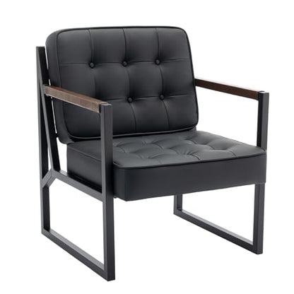 COLAMY Mid Century Modern Accent Chair Set of 2, Comfy Living Room Chair, Black Leather Accent Chair, Faux Leather Reception Armchair with Metal Legs for Living Room Bedroom Reception Office, Black - color: Black, size: Set of 2