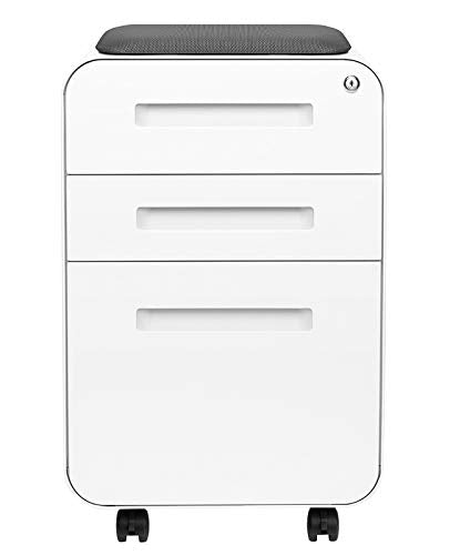 Laura Davidson Furniture STOCKPILE Curve Seated 3-Drawer Mobile File Cabinet with Removable Magnetic Cushion Seat - Metal Filing Cabinet, Pre-Assembled, White with Dark Grey Cushion