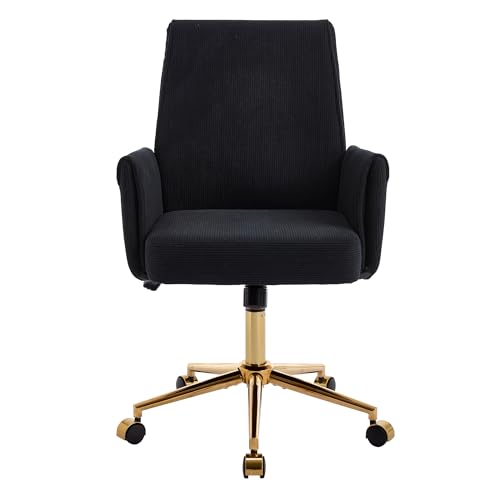 YITAI Stripes Velvet 360°Swivel Desk Chair, Modern Height Adjustable Home Office Armchair with Gold Base and Wheels for Vanity, Comfy Computer Chair for Study Living Room Bedroom（Black） - color: Black