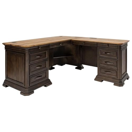 Bowery Hill Executive L-Desk & Return, 68 x 72 x 30 in, Solid Wood Plank Top, Brown Finish, Two-Tone Design, Antique Bronze Hardware, Dropfront Drawer, AC/USB Power Center, Fully Assembled Office Desk