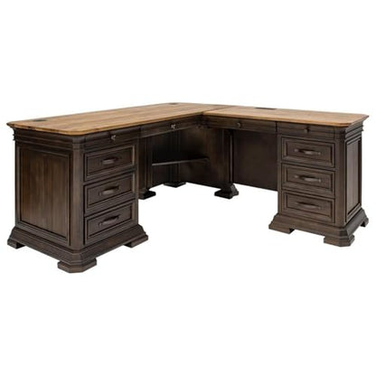 Bowery Hill Executive L-Desk & Return, 68 x 72 x 30 in, Solid Wood Plank Top, Brown Finish, Two-Tone Design, Antique Bronze Hardware, Dropfront Drawer, AC/USB Power Center, Fully Assembled Office Desk